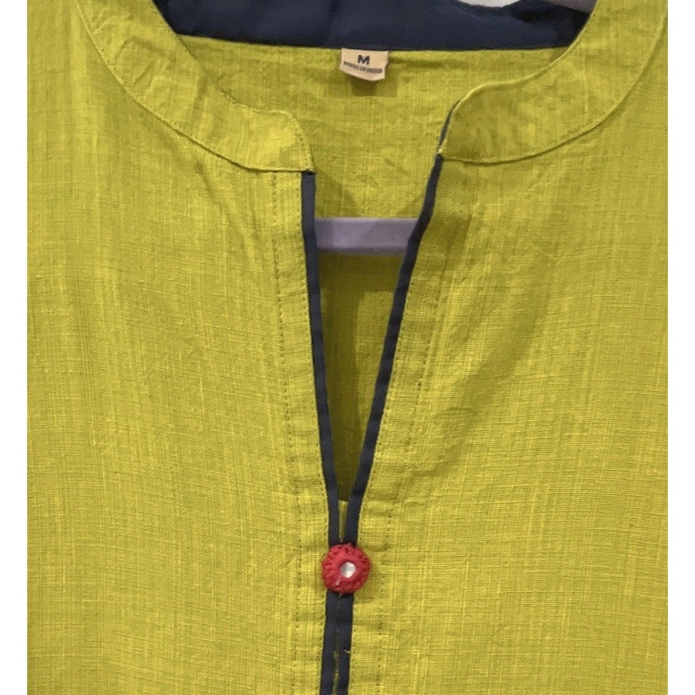 Lime Green Cotton Kurti Tunic Women Medium Geometric Block Print Boho Long Top - Picture 2 of 5